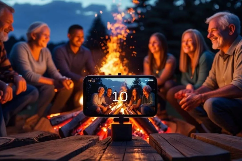 Group of people sitting around a fire, an iPhone is propped on a table taking a candid selfie using the timer.