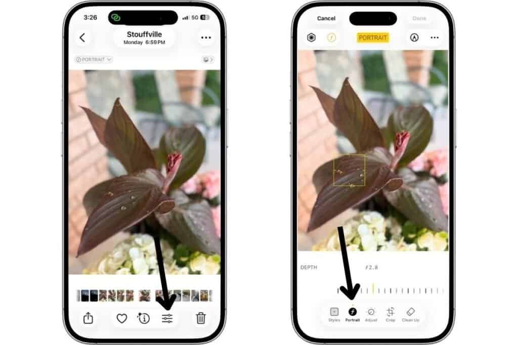Two iPhone screens showing the edit portrait blur options.