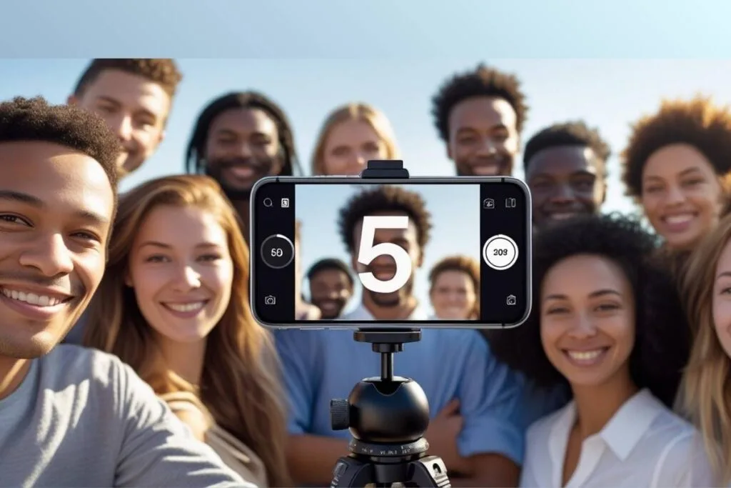Group of people in front of a iPhone on a tripod taking a group picture using the timer as an example of how to take a good photo on iPhone using the timer.