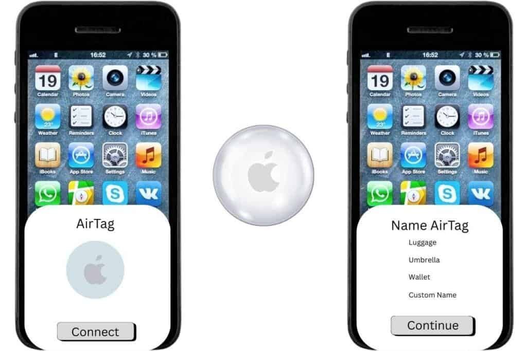 Two iPhone screens showing the set up screens for an AirTag has an example of how to setup an AirTag