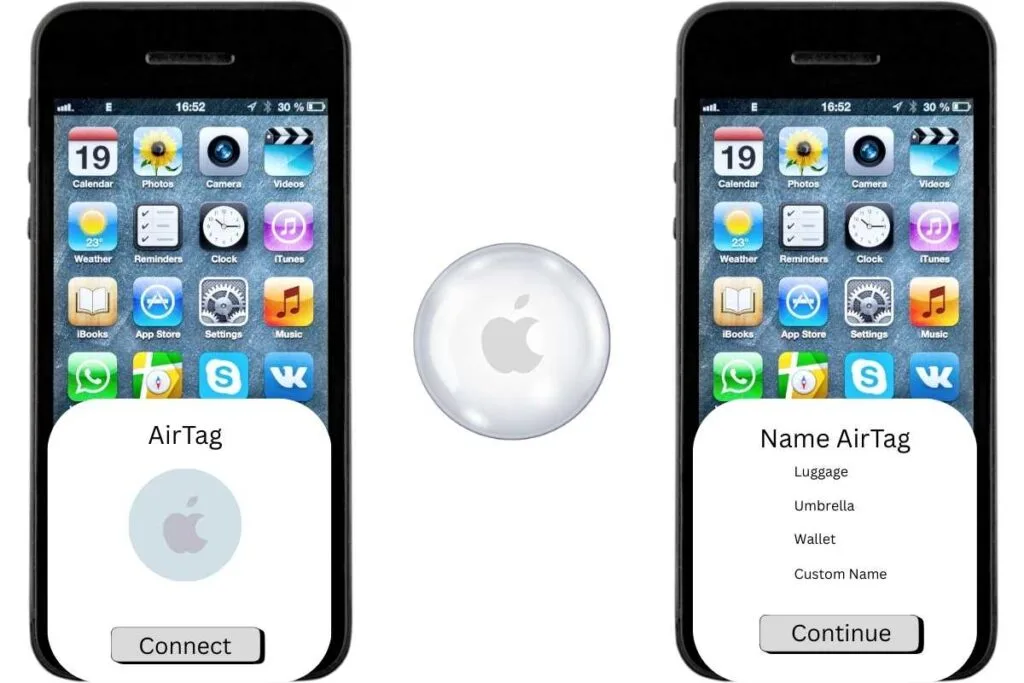 Two iPhone screens showing the set up screens for an AirTag has an example of how to setup an AirTag