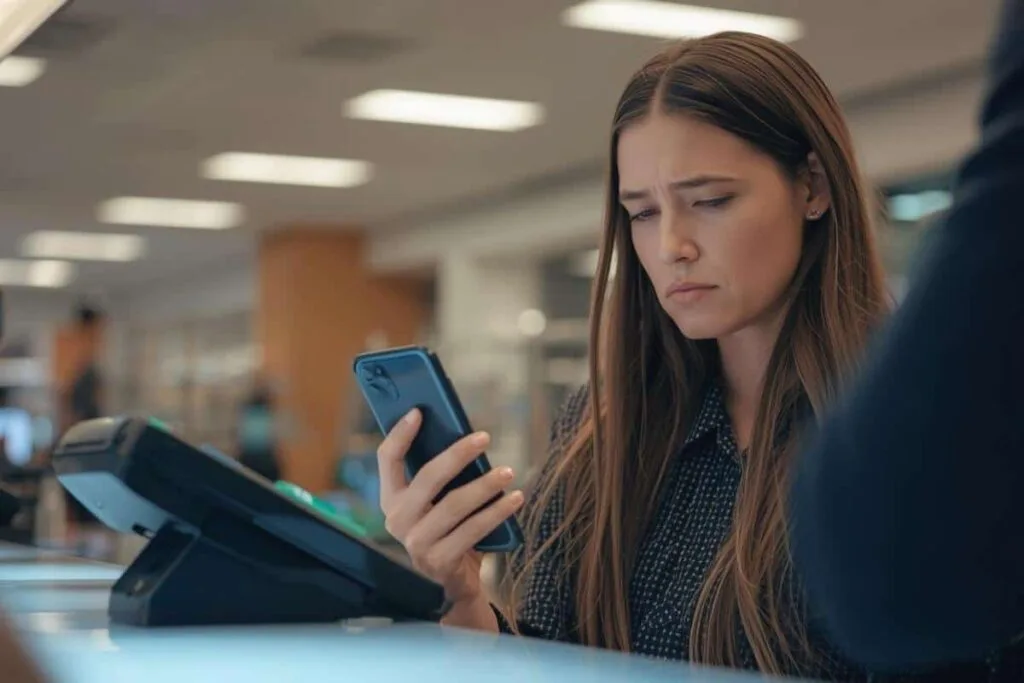 Apple Pay not working A person at a brightly lit checkout counter, holding a modern smartphone close to a payment terminal with a look of mild annoyance on their face, as if apple pay not working.
