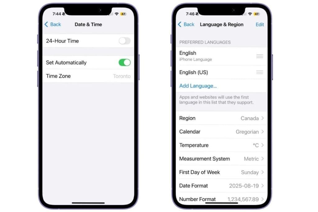 Apple Settings General two iPhone screens showing the setting screen for Date and Region as an example of setting to check when apple pay is not working.
