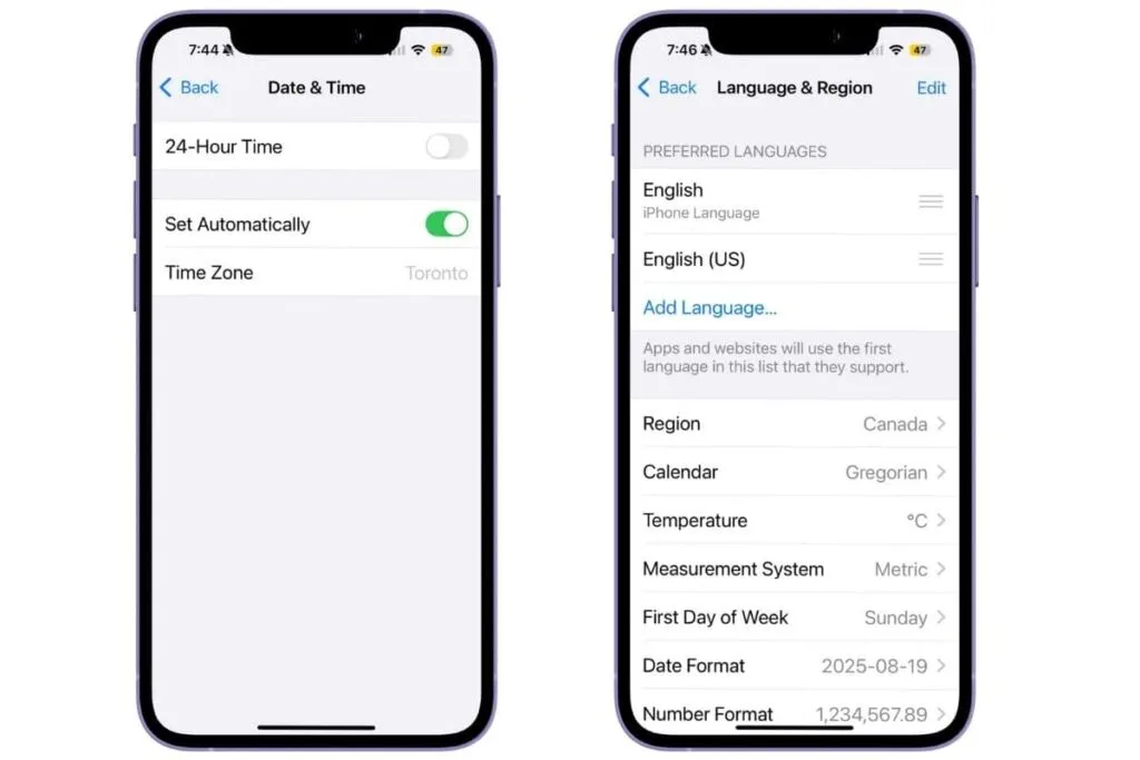 Apple Settings General two iPhone screens showing the setting screen for Date and Region as an example of setting to check when apple pay is not working.