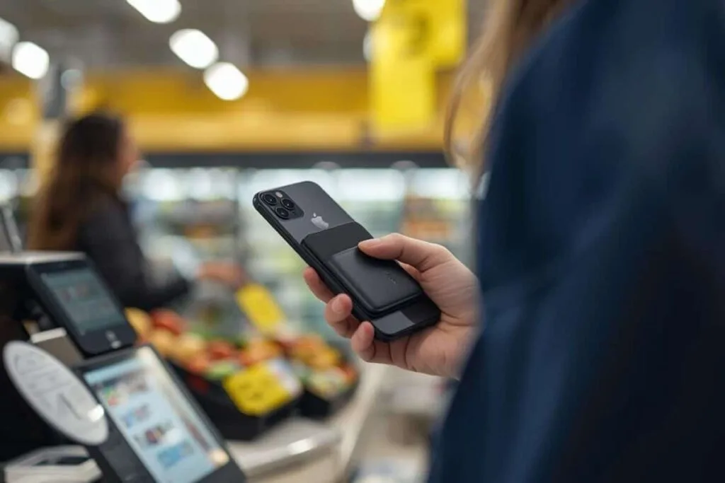 Apple pay not working Card Limits A person holding an iPhone with a magsafe wallet attached at grocery store checkout as an example for apple pay not working.