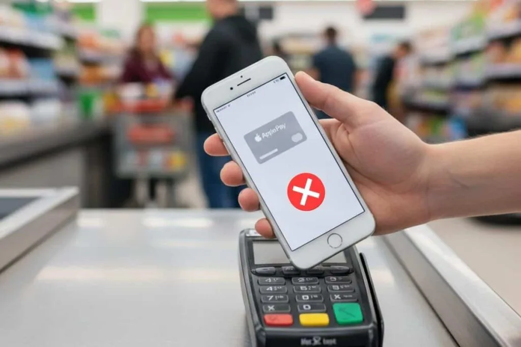 A hand holding an iPhone over a pay terminal. The iPhone screen has a card with Apple Pay and a white x in a red circle to indicate Apple Pay not working on the terminal.
