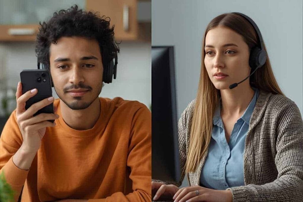 Apple pay not working call you bank Split screen image, one one side the person sitting in their kitchen holding their iphone like they using the speaker to talk. The other side is a bank customer service call center person sitting at a desk with a computer screen on the desk. As an example of apple pay not working, call your bank.