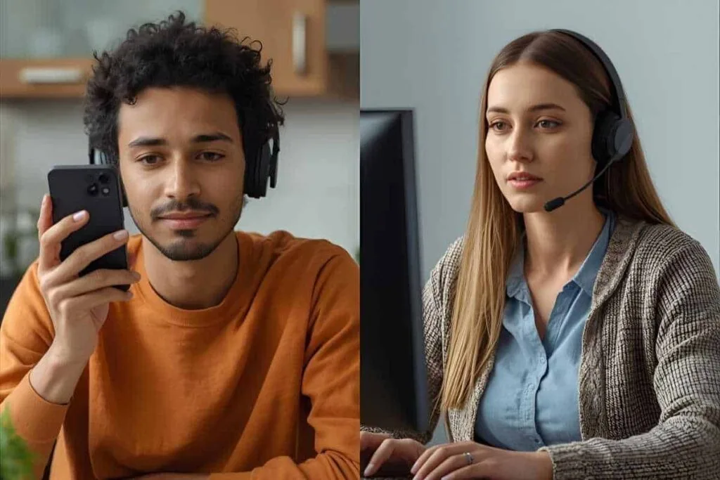 Apple pay not working call you bank Split screen image, one one side the person sitting in their kitchen holding their iphone like they using the speaker to talk. The other side is a bank customer service call center person sitting at a desk with a computer screen on the desk. As an example of apple pay not working, call your bank.