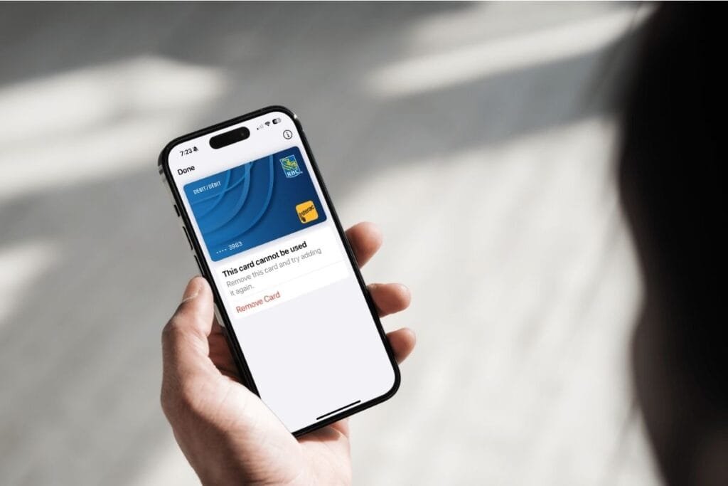 Apple pay not working card inactive An iPhone showing bank card in Apple Wallet. Card has warning message, This card cannot be used as an example of Apple Pay not working when a card is inactive.