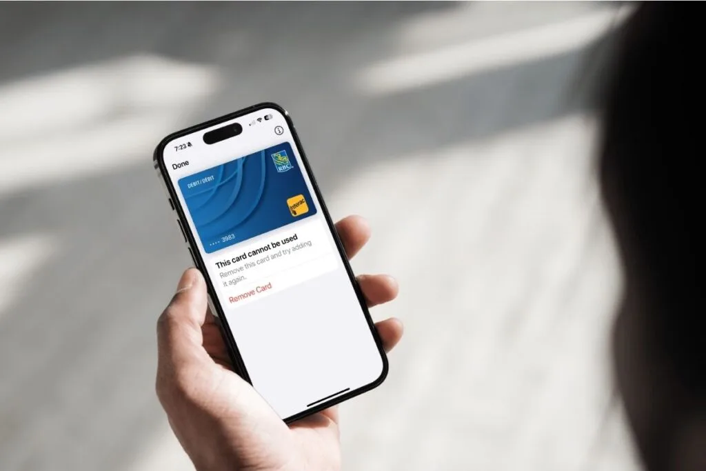 Apple pay not working card inactive An iPhone showing bank card in Apple Wallet. Card has warning message, This card cannot be used as an example of Apple Pay not working when a card is inactive.