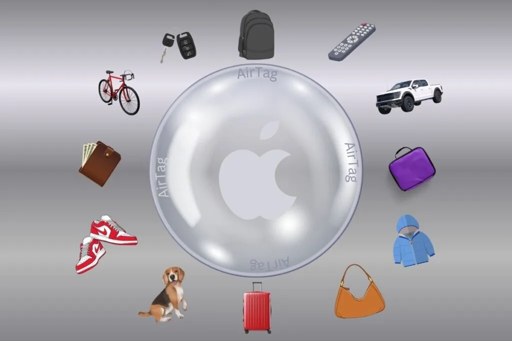 Graphic image of an AirTag in the middle surrounded by different ways to use an AirTag, dog, luggage, purse, coat, wallet, lunch box, truck, bike, TV remote, car keys and a backpack.