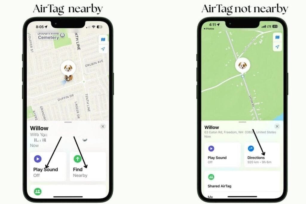 Two iPhone screens showing the Find My App. One has arrows showing the Play Sound and Find options. The other has an arrow showing the Directions option.