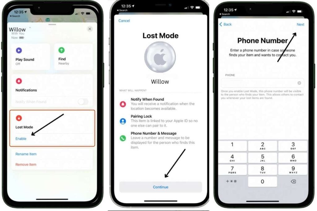 Screen shots of an iPhone screen showing how to enable Lost Mode for an AirTag as an example of how to located an AirTag.