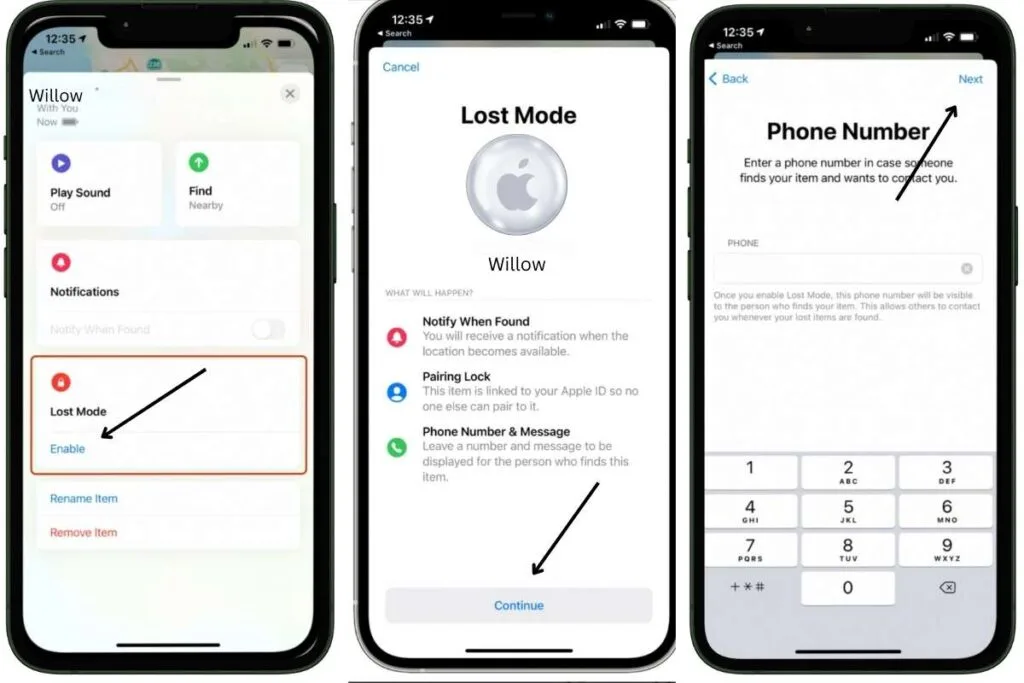 Screen shots of an iPhone screen showing how to enable Lost Mode for an AirTag as an example of how to located an AirTag.