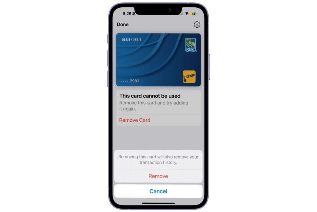 Removing a Card from Apple Wallet iphone screen showing a card in apple wallet that is being removed as an example of what to do if apple pay is not working.
