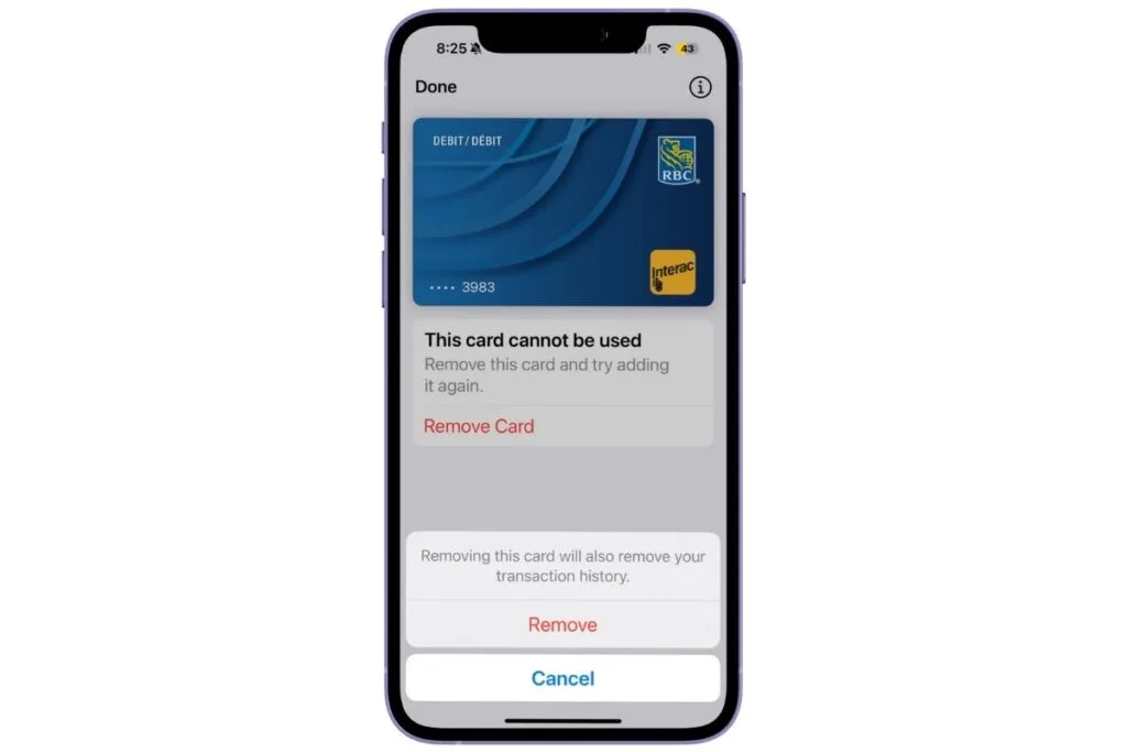 Removing a Card from Apple Wallet iphone screen showing a card in apple wallet that is being removed as an example of what to do if apple pay is not working.