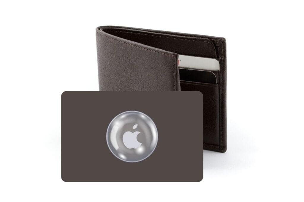 Wallet in front of a slim credit card like case designed to hold an AirTag to put in the wallet as an example of different ways to use an AirTag.