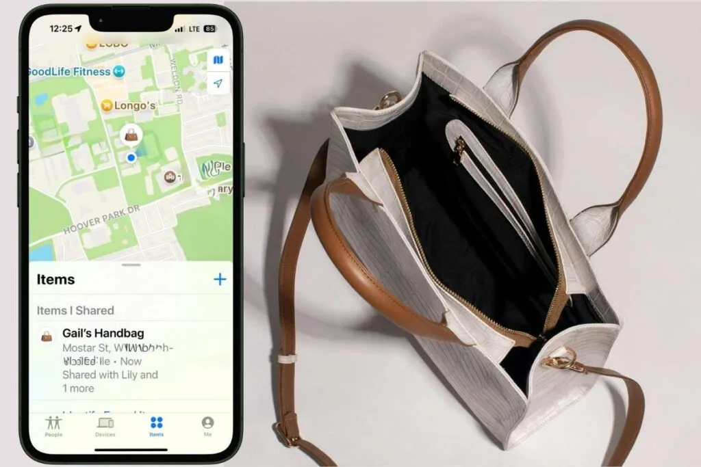 Use an AirTag in Your Purse or Bag iPhone screen showing the Find My app displaying the location of a purse. An open purse is next to the phone as an example of different ways to use an AirTag.