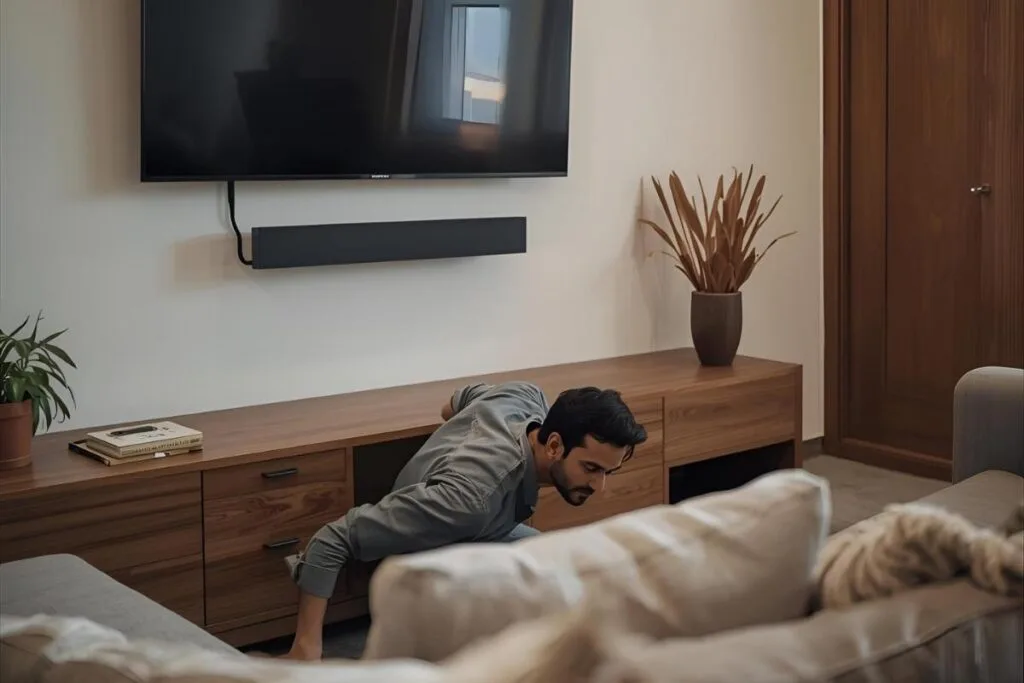 Use an AirTag on your TV Remote A man on his hands and knees looking for something in a room with a couch and TV mounted on the wall as an example of using an AirTag on your TV remote so you never lose your remote.