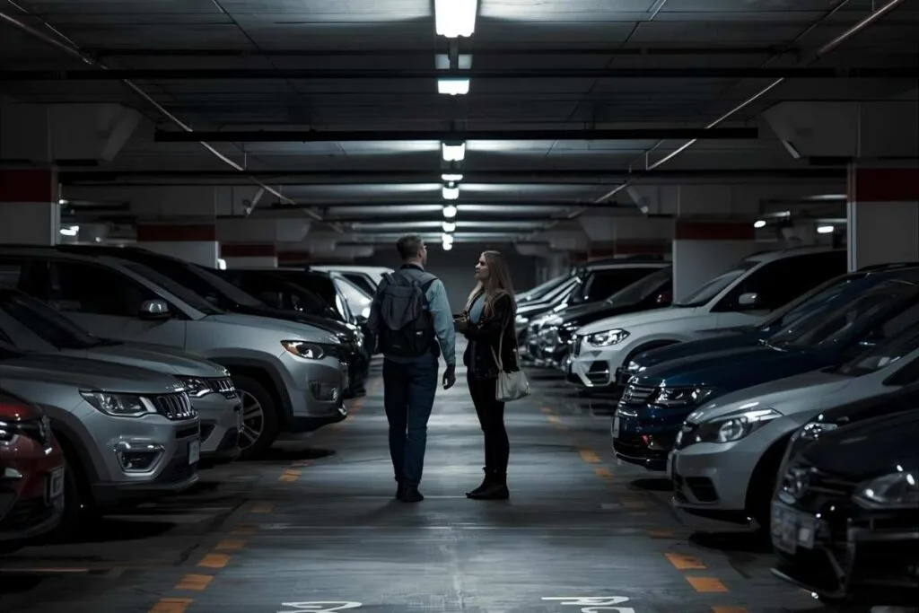 Use an AirTag with Your Car A man and woman standing in an underground parking garage looking for their car as an example of a different way to use an AirTag with your car
