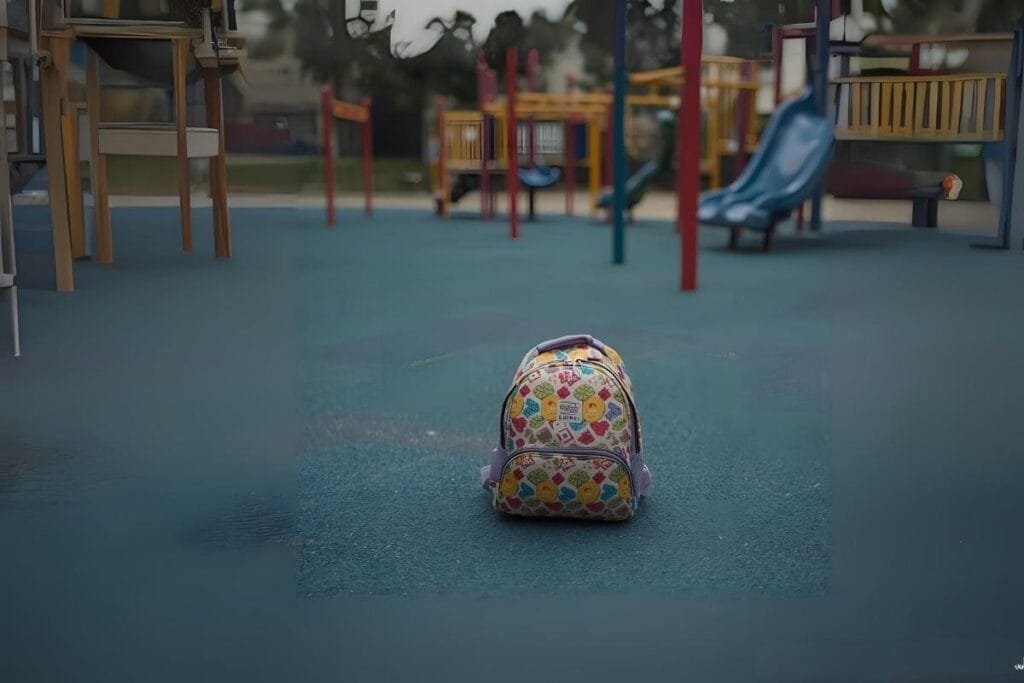 A child's backpack in an empty playground as an example of ways to use an AirTag.