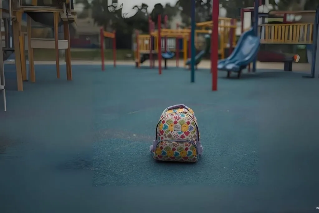 Ways to use an AirTag on a childs backpack A child's backpack in an empty playground as an example of ways to use an AirTag.