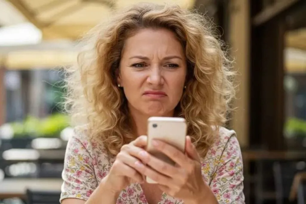 A woman looking at her iPhone with a frustrated look on her face as an example of someone who can't see older emails on iPhone.