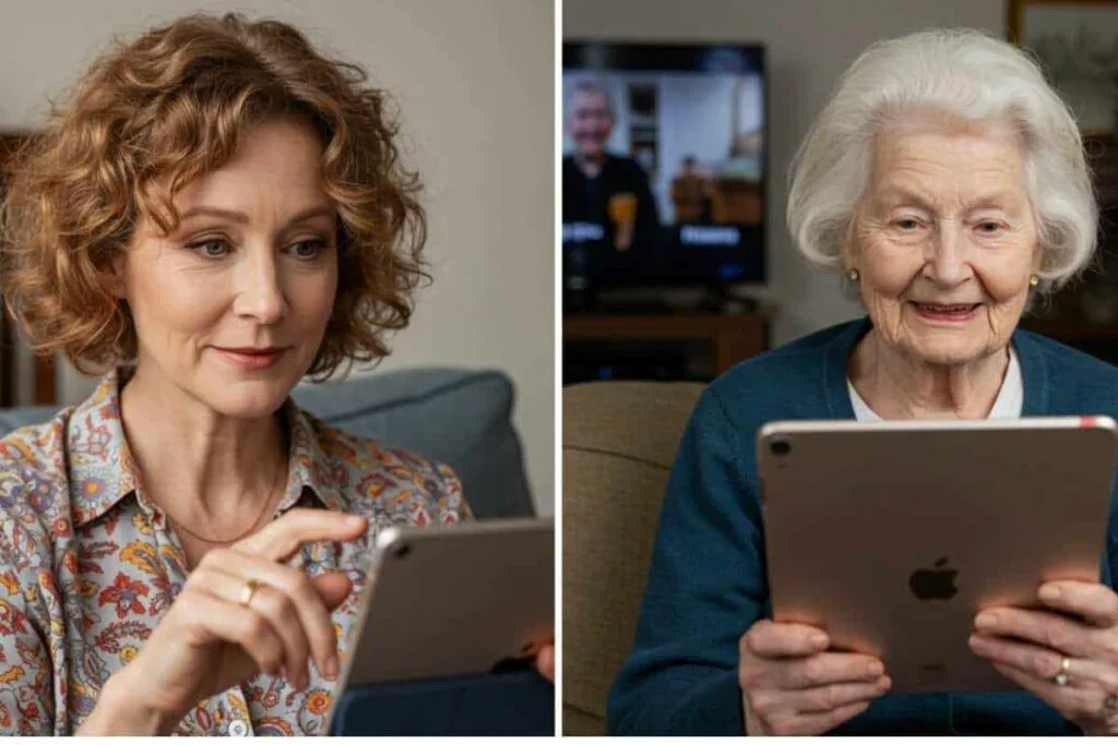 Split screen of a middle age woman on an iPad and an older woman on a iPad as an example of using FaceTime app with Sharing and Screen Control