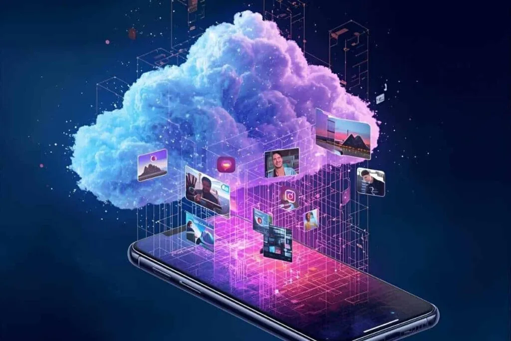 Image of an iPhone with a Cloud over the top showing it with photos and other icons as an example of how to make iCloud work for you.
