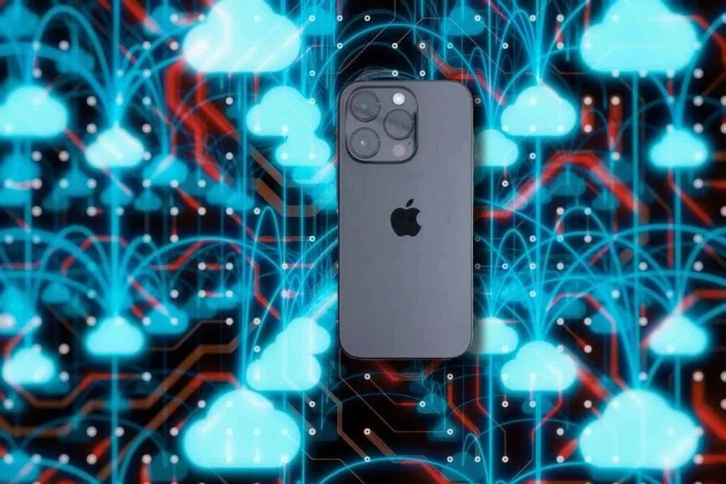 image of an cloud network with an iPhone in the middle used as an example of how to create an iCloud account on iPhone