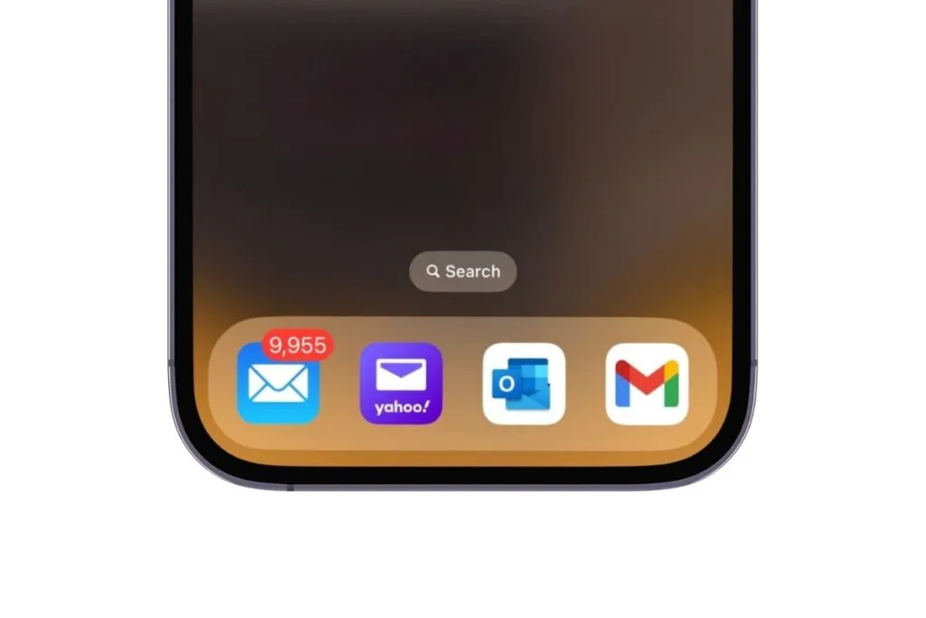 Bottom half of an iPhone screen showing the mail app, Yahoo mail app, Outlook app and Gmail app.