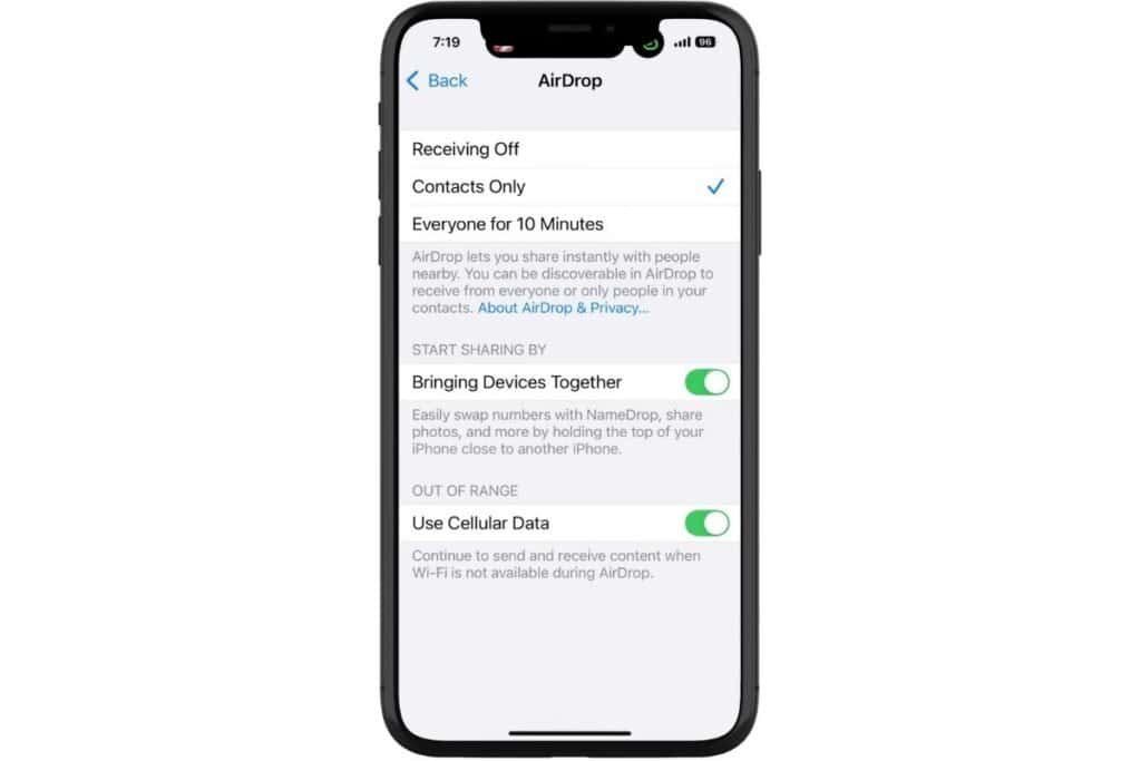 iPhone screen settings for AirDrop