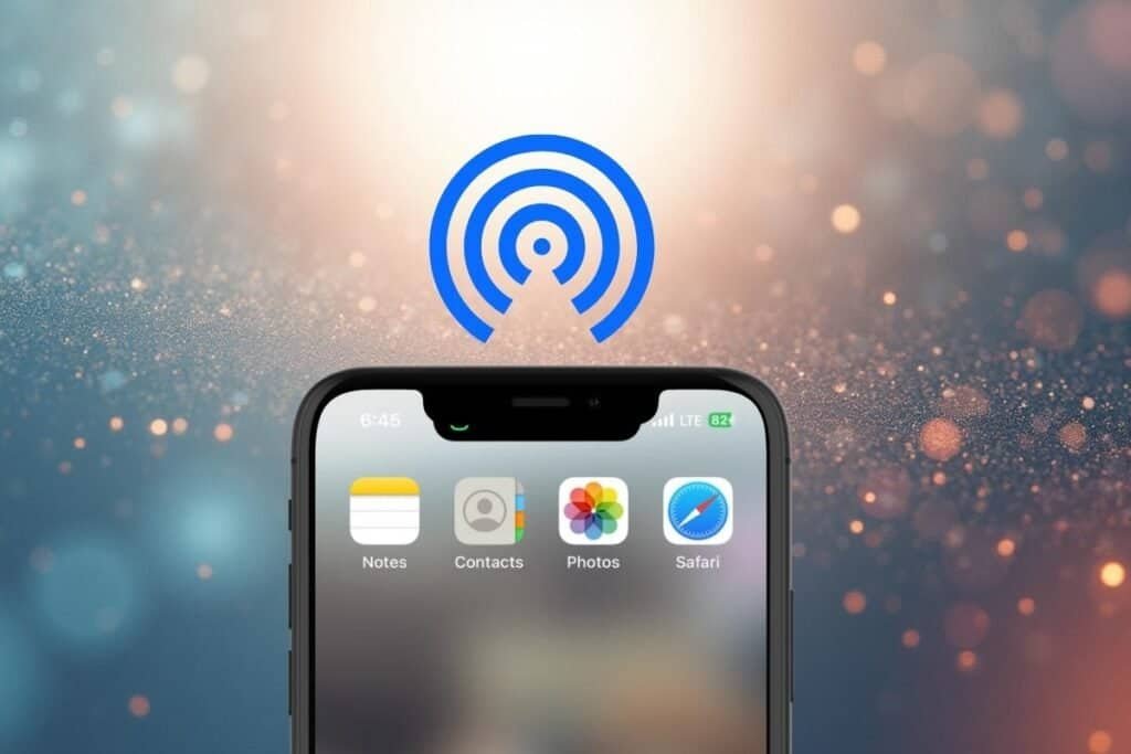 AirDrop icon with a visual of an iPhone showing Notes, Contacts, Photos and Safari icons as an example of things you can AirDrop on iPhone