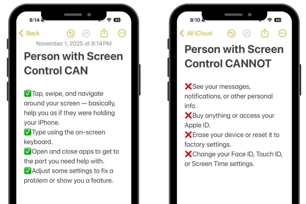 Two iPhone screens with text of what can and cannot be done with screen control.