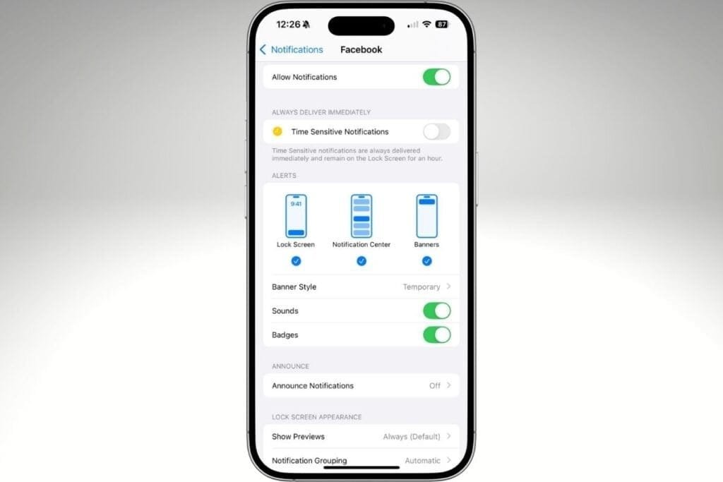 iPhone screen displaying notifications setting to show the different types of iPhone notifications