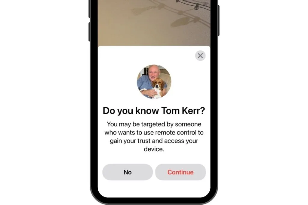 FaceBook app showing warning about if you know the person requesting remote control to your device.