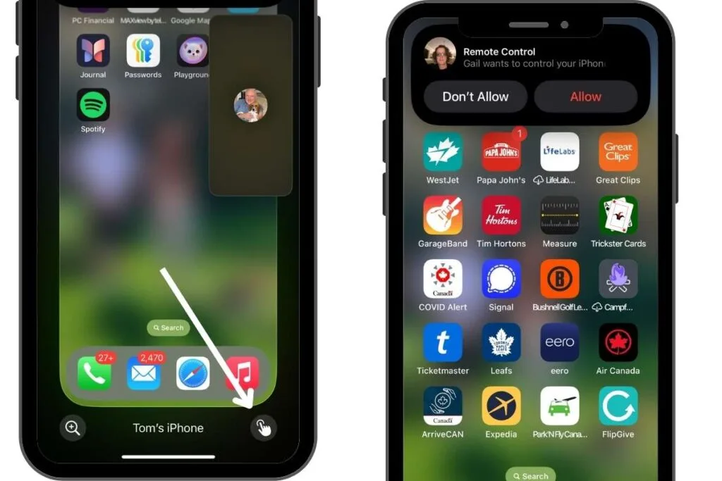 Two iPhone screens in the FaceTime App. One has an arrow pointing to the Request Screen Control button and the other shows the pop up to Allow or Don't Allow option.