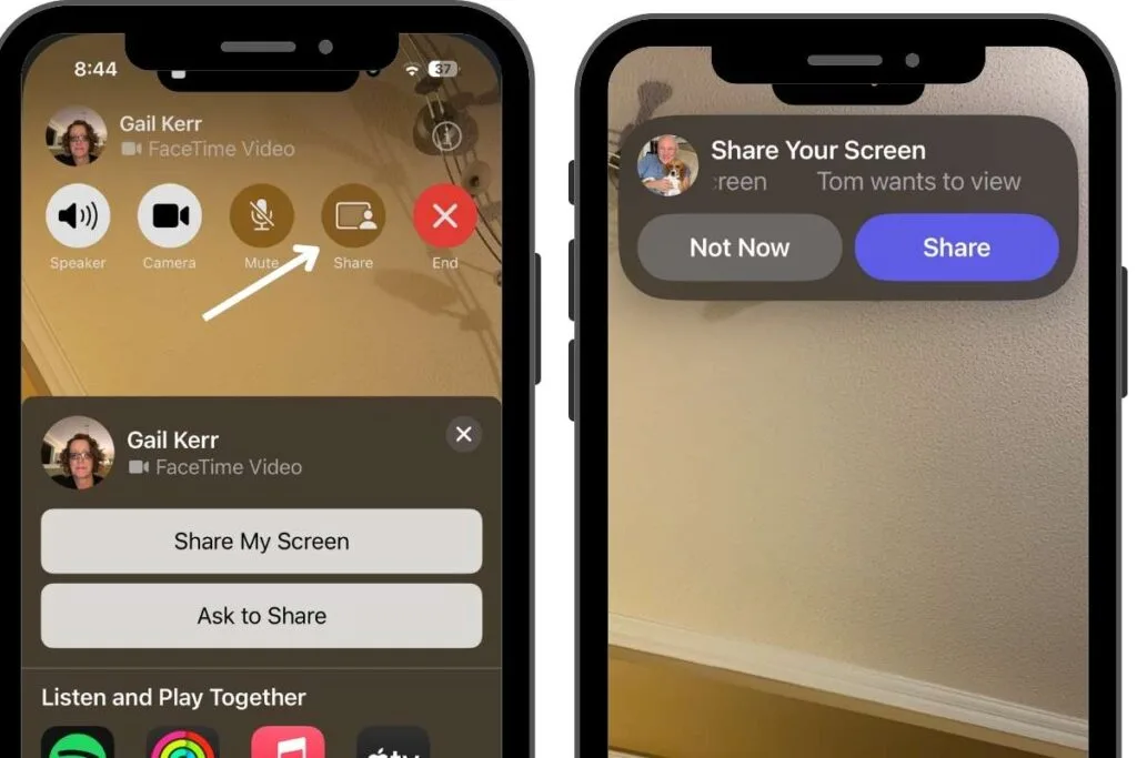 Two iPhone screen in FaceTime app. First iphone has an arrow pointing to the Share option on one screen and displays the Share My Screen or Ask to Share options. The 2nd screen displays the Share and Not Now button.