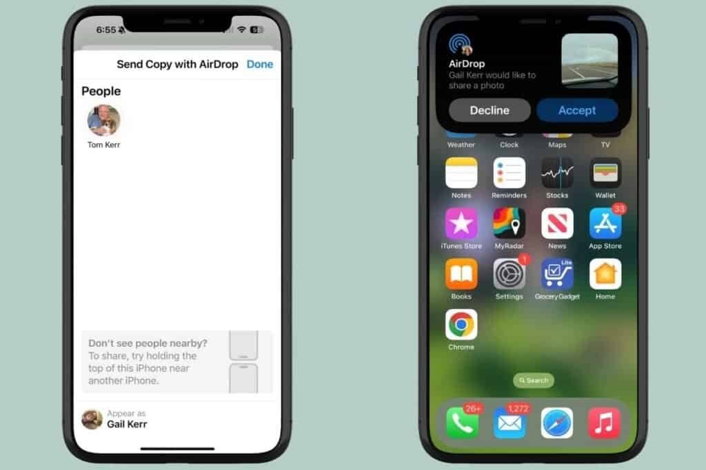 An iPhone showing the AirDrop on iPhone screen and another iPhone showing the Accept or Decline options