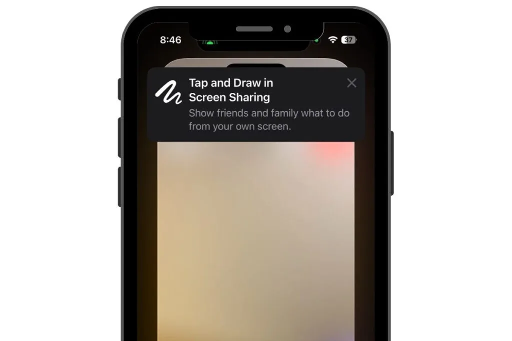 iPhone screen showing FaceTime app displaying the Tap and Draw in Screen Sharing info box.