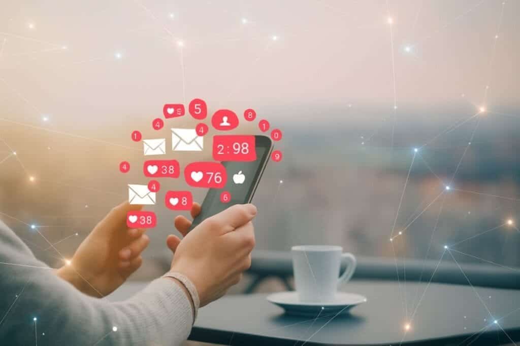 a hand holding an iPhone with lots notifications floating around outside of phone as an example of being overwhelmed by iPhone notifications.