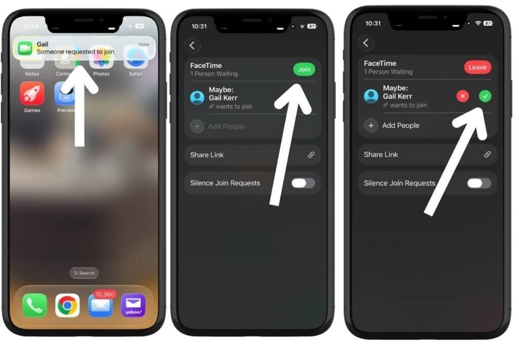 iPhones screens showing the steps to allow access to FaceTime link.