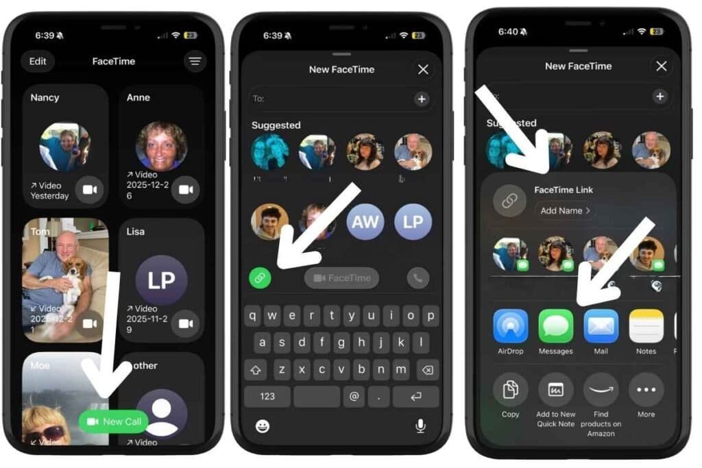 iPhone screens with arrows pointing to new call, create link icon, where to name link and arrow pointing where the option to send links.
