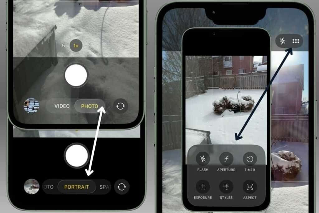 Showing examples of iOS 26 camera settings and mode changes.