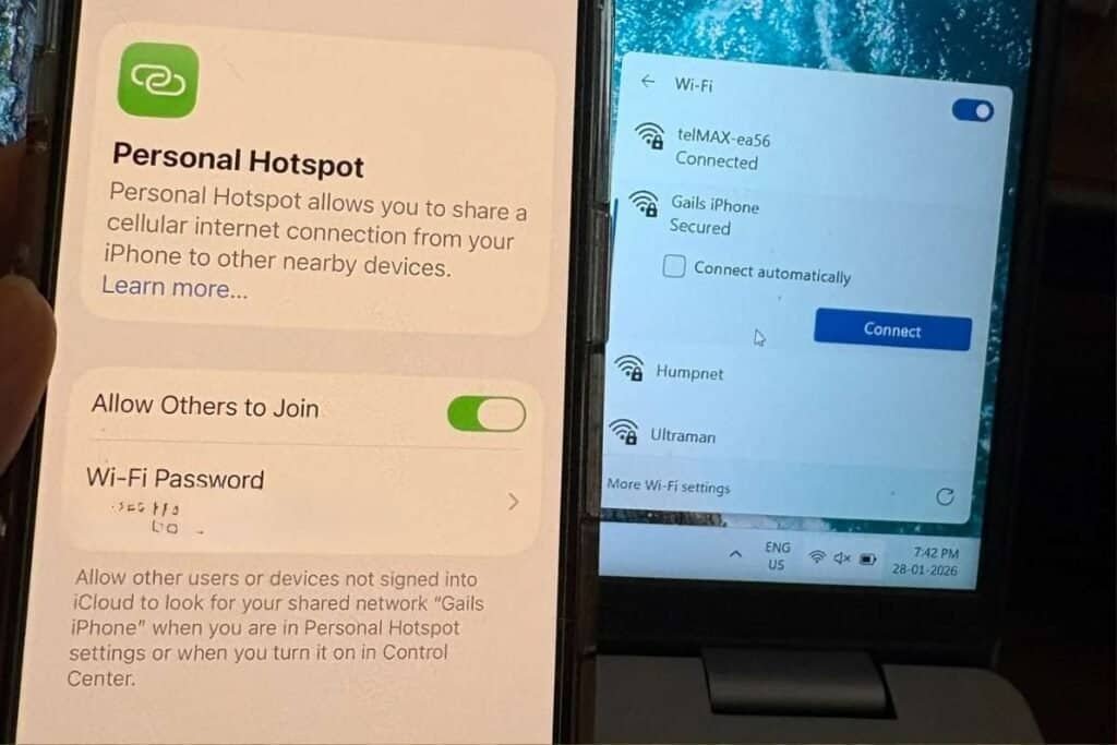 iPhone screen showing personal hotspot and a laptop screen showing the iPhone as a wifi connection as an example of how to use a personal hotspot on iPhone.