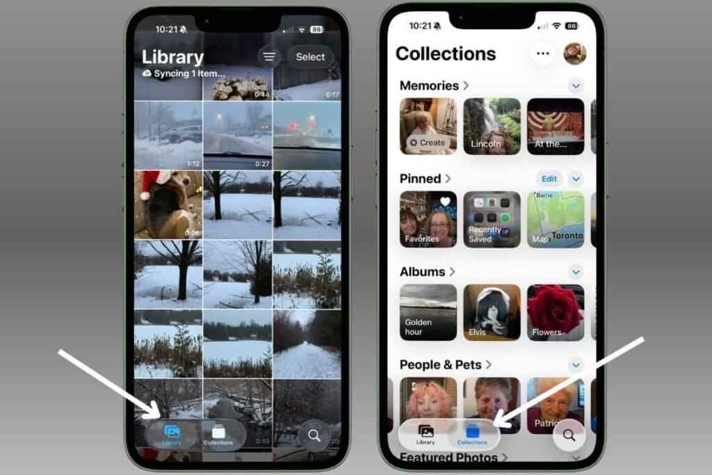Two iPhone screens showing the Photo app with the Library screen and the Collections screen. Each screen has an arrow pointing to the toggle button.