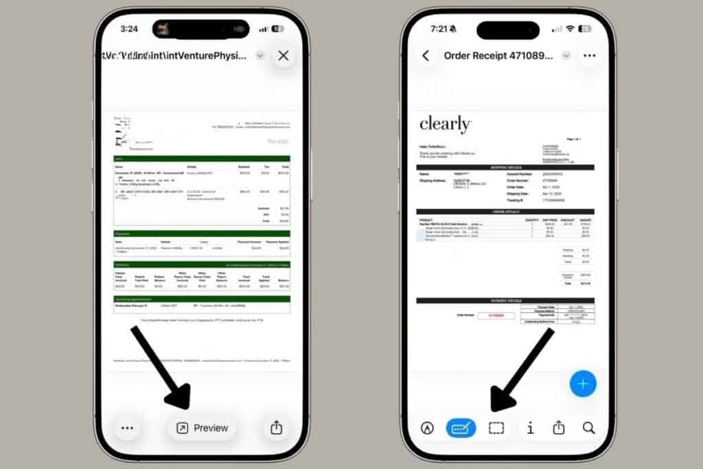 Two iPhone screens showing preview app in mail app and tools in the preview app