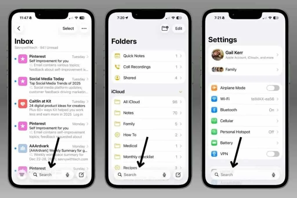 Three iPhone screens showing the Search Bar Moved to the Bottom in iOS 26 in mail, Notes and settings
