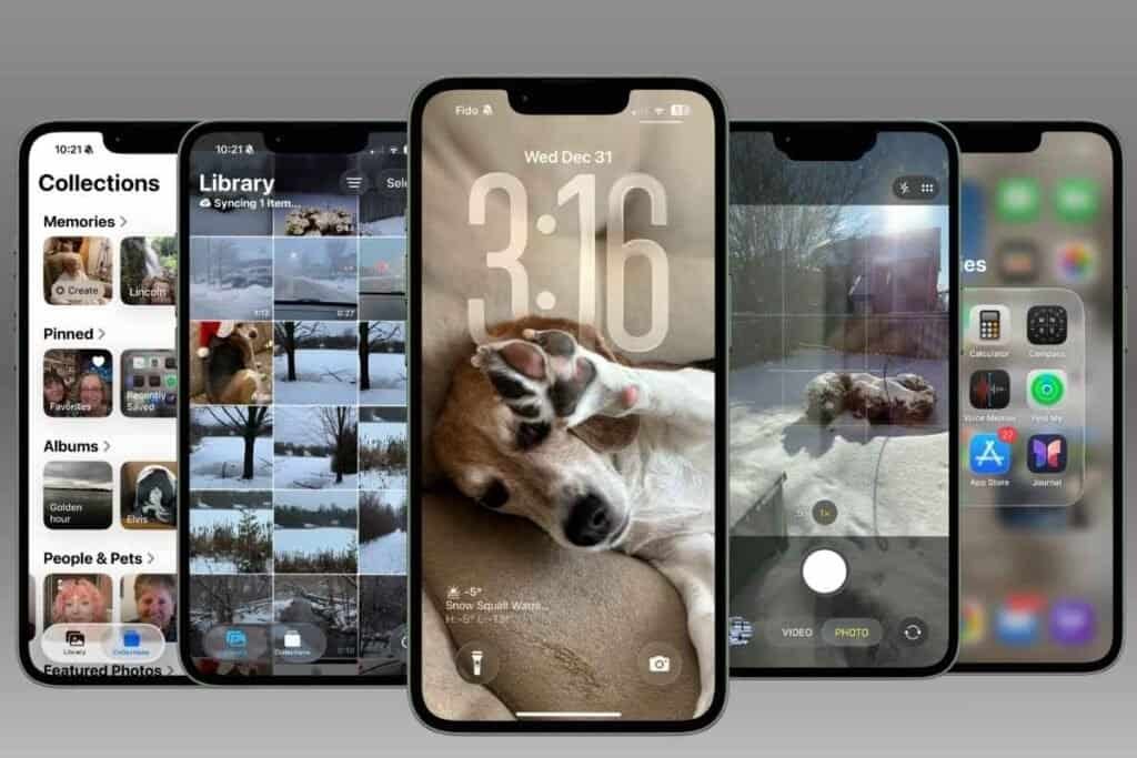 5 iPhone screens showing the different look of iOS 26
