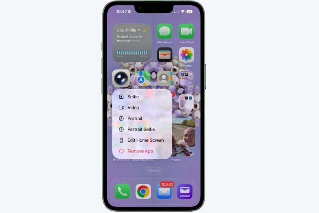 Camera iPhone Quick Actions Shortcut showing options: Selfie, Video, Portrait, Portrait Selfie.
